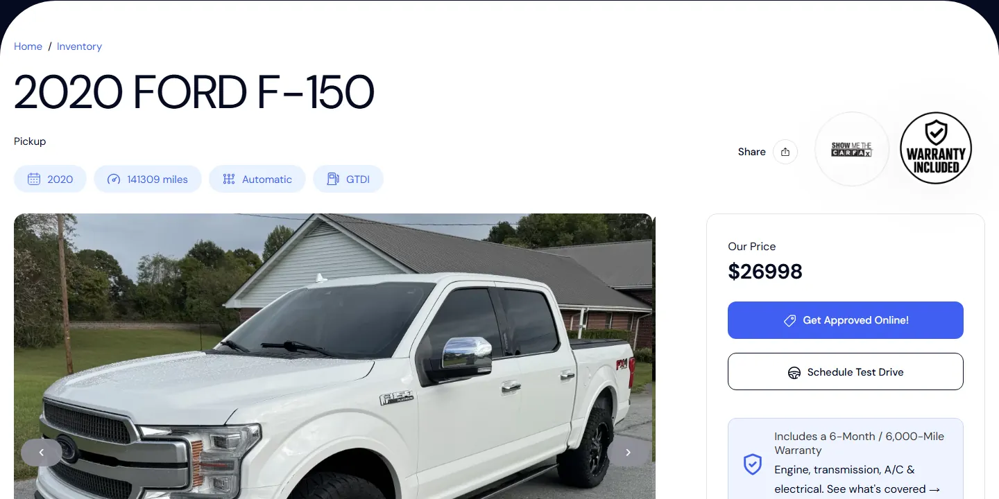 A vehicle page on a dealer website, with price and financing buttons