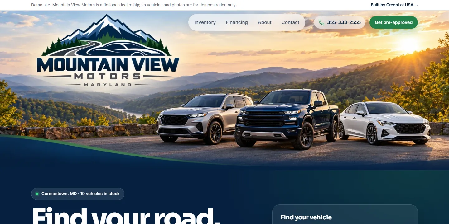 A dealer website built by Greenlot USA, shown on a desktop screen