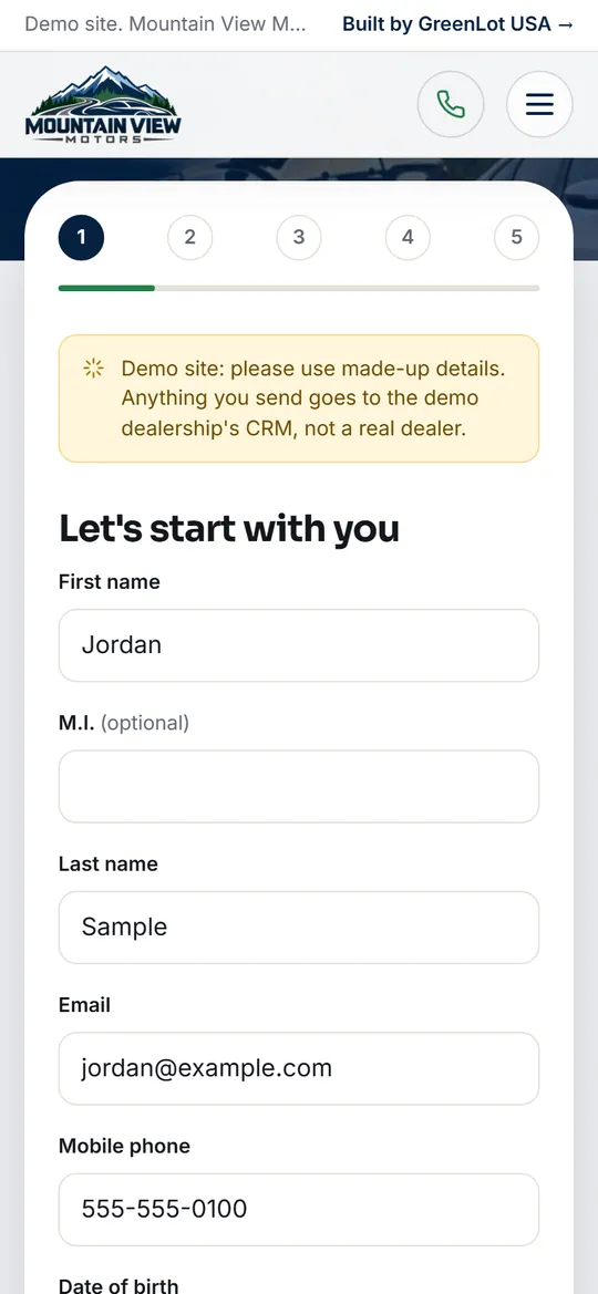 Step 1 of the guided credit application on a phone, with numbered steps and a progress bar