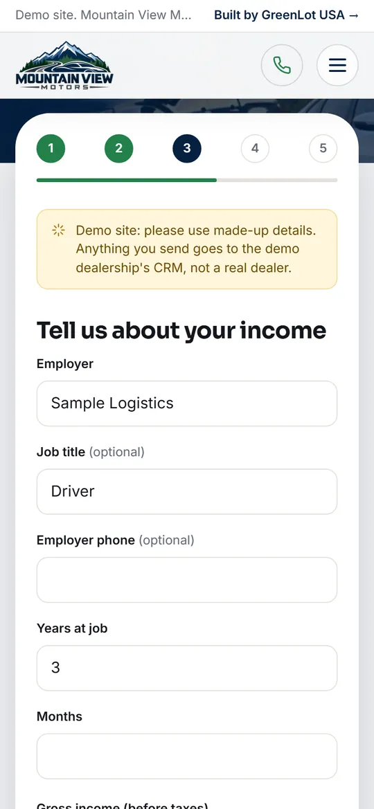 Step 3 of the credit application asking about employer and income
