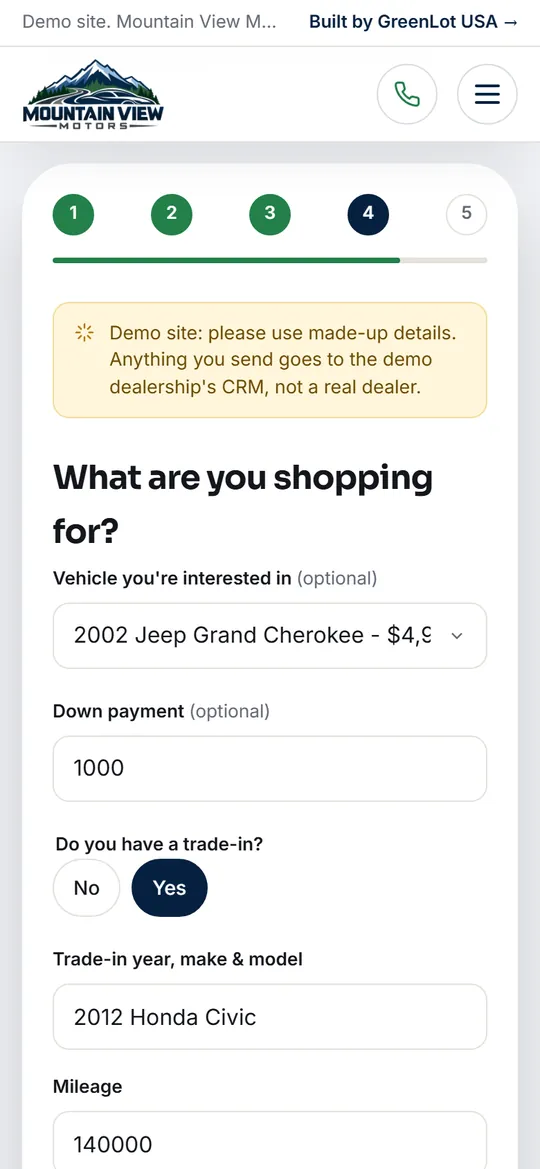Step 4 of the credit application with trade-in fields showing after Yes is chosen