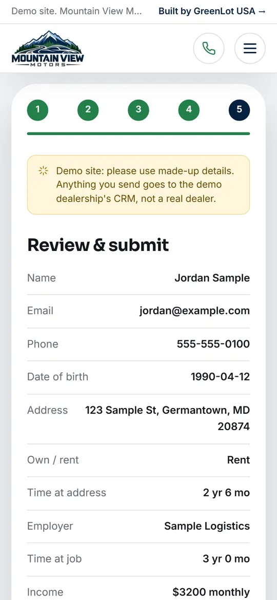 Step 5 of the credit application showing a review of every answer