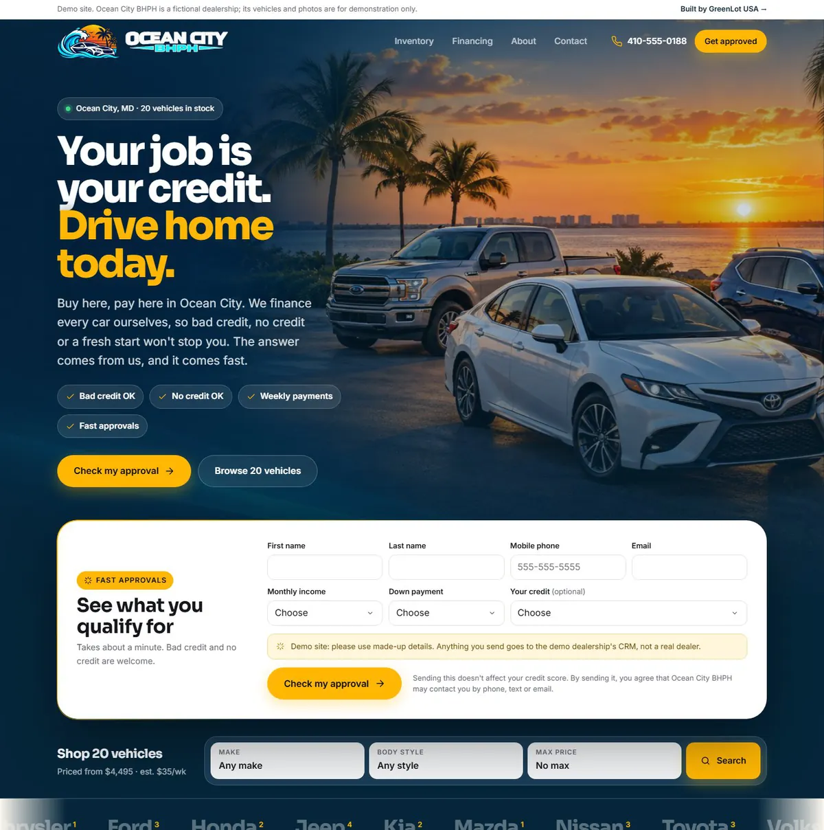 Ocean City BHPH demo homepage with a quick approval form under the headline