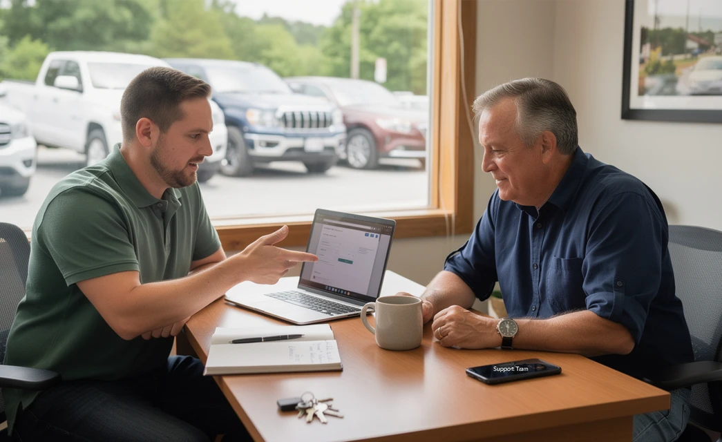 A Greenlot USA support team member walks a car dealer through their website at the dealership