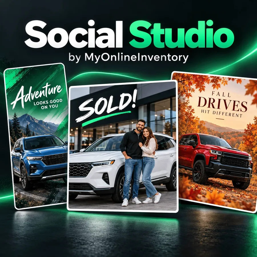 Three Social Studio post styles: an Adventure themed post with a blue SUV, a SOLD! customer delivery post and a Fall Drives seasonal post with a red pickup
